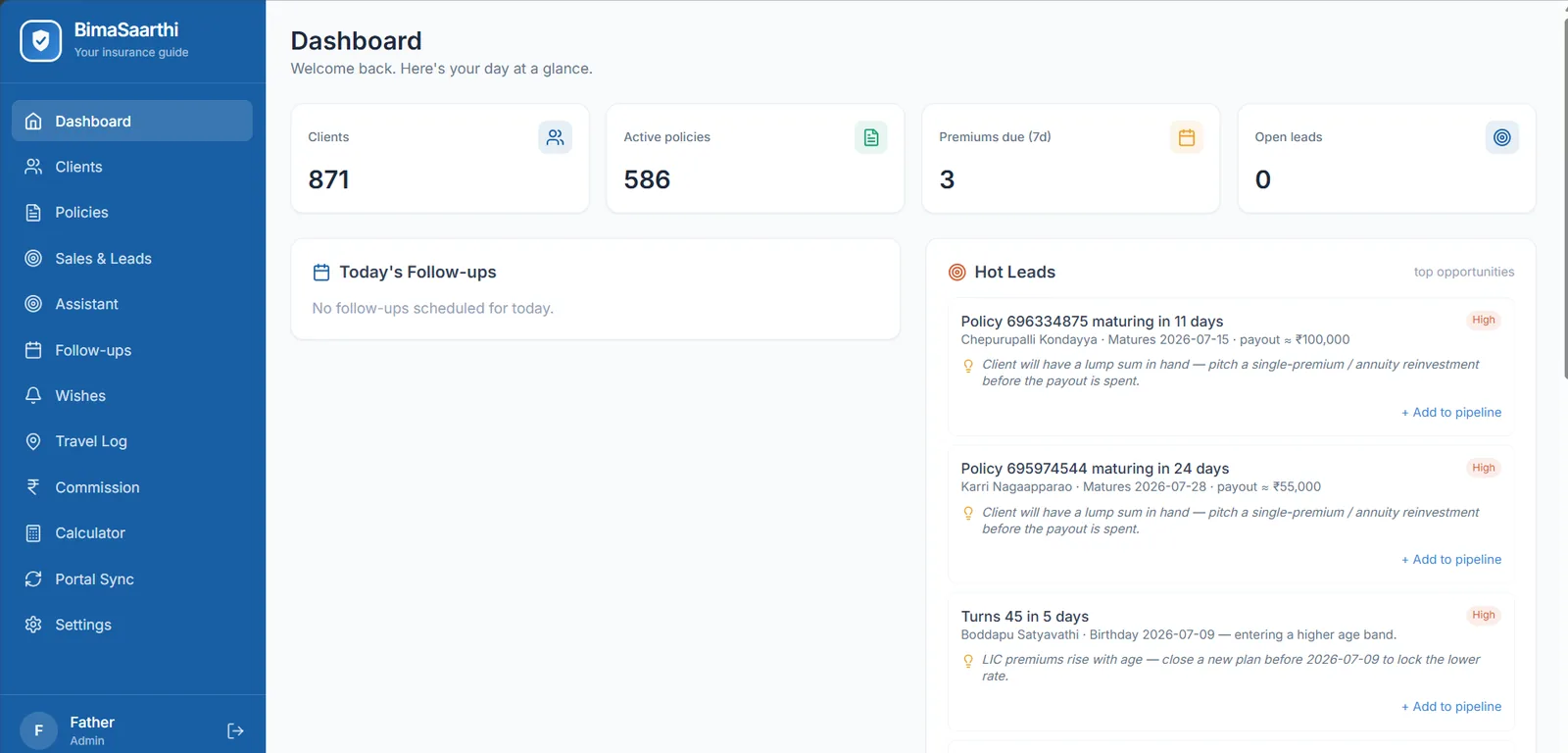 BimaSaarthi LIC agent dashboard