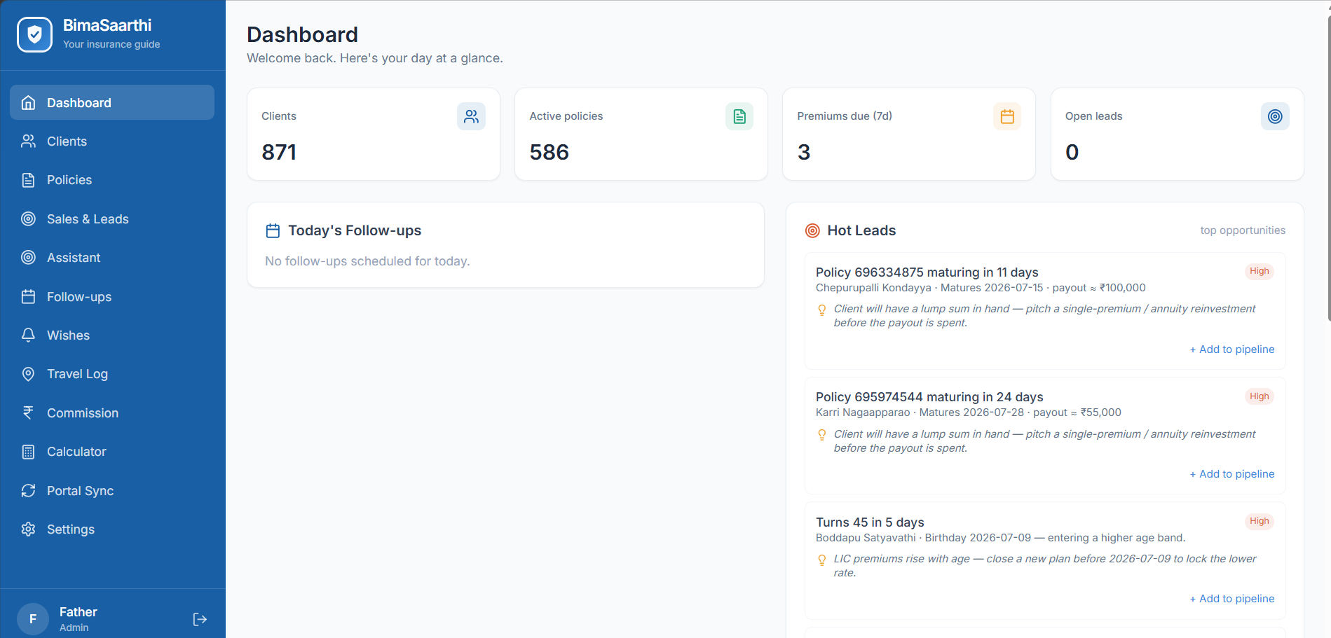 BimaSaarthi LIC agent dashboard