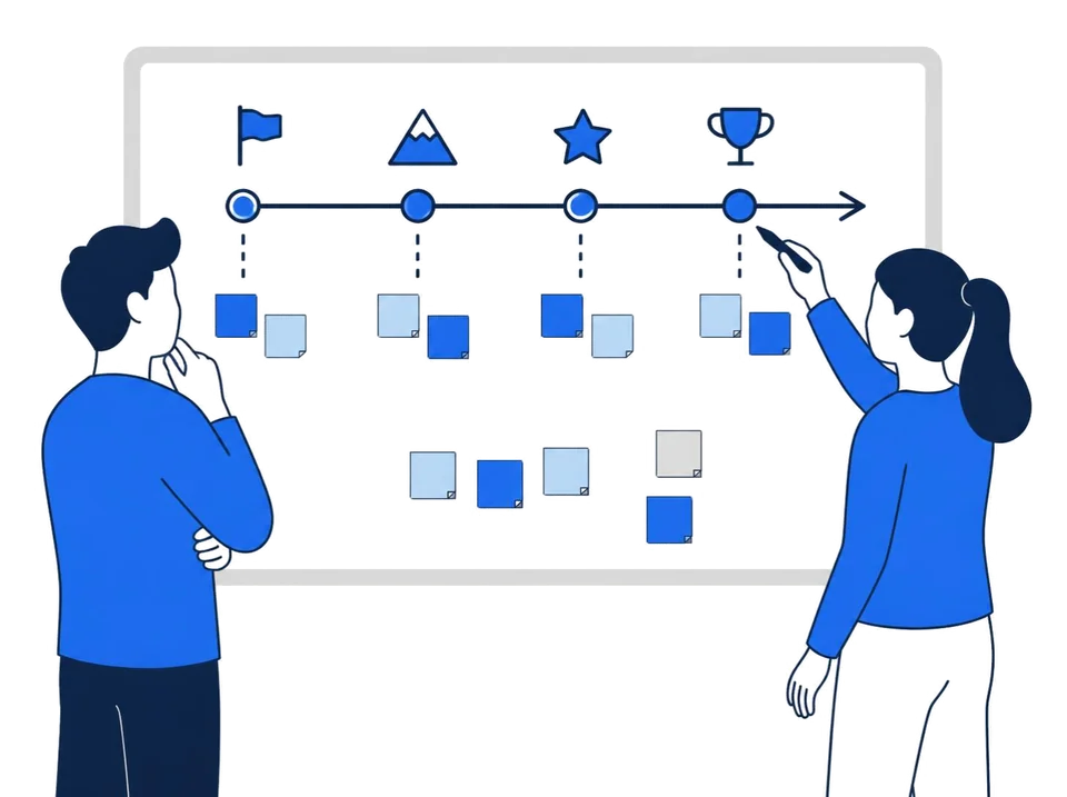 Two people planning a roadmap at a whiteboard