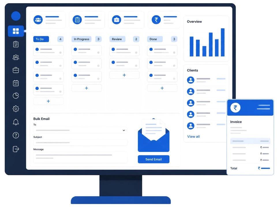 SyncGaze Workspace operations dashboard with tasks, clients, bulk email and invoices