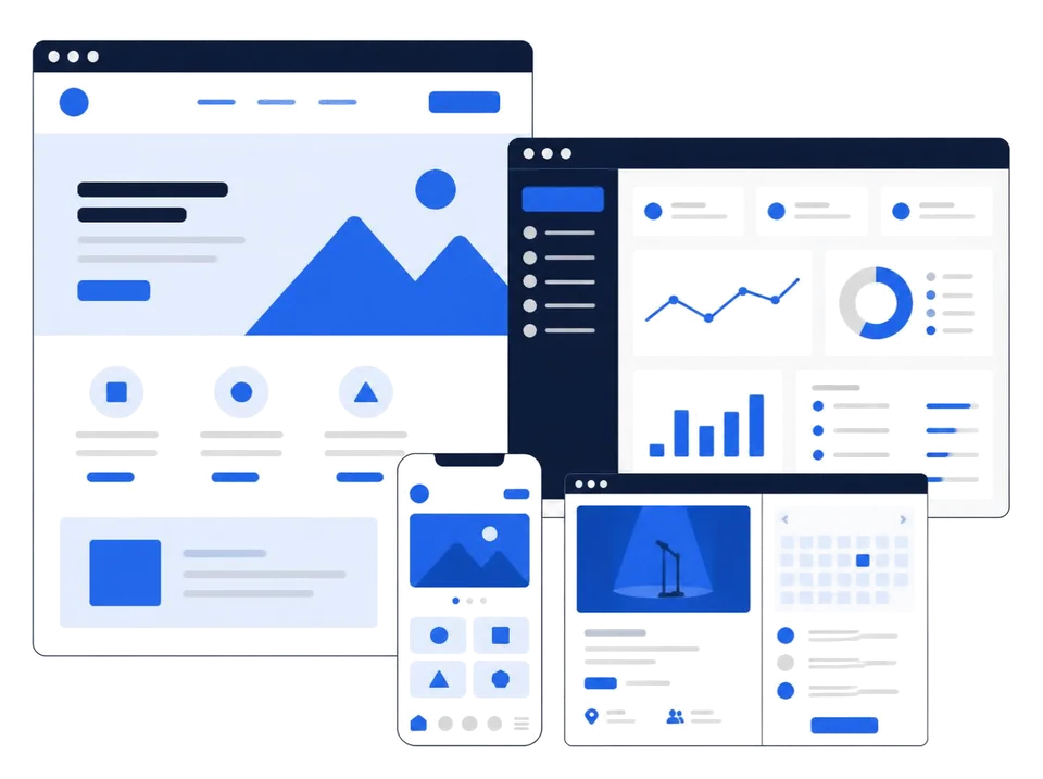 Website, mobile app and dashboard screens together