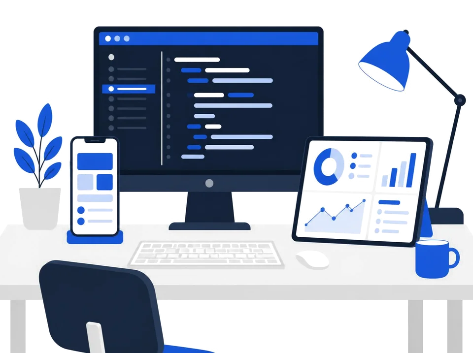 A desk with a code editor, a phone app and a tablet dashboard